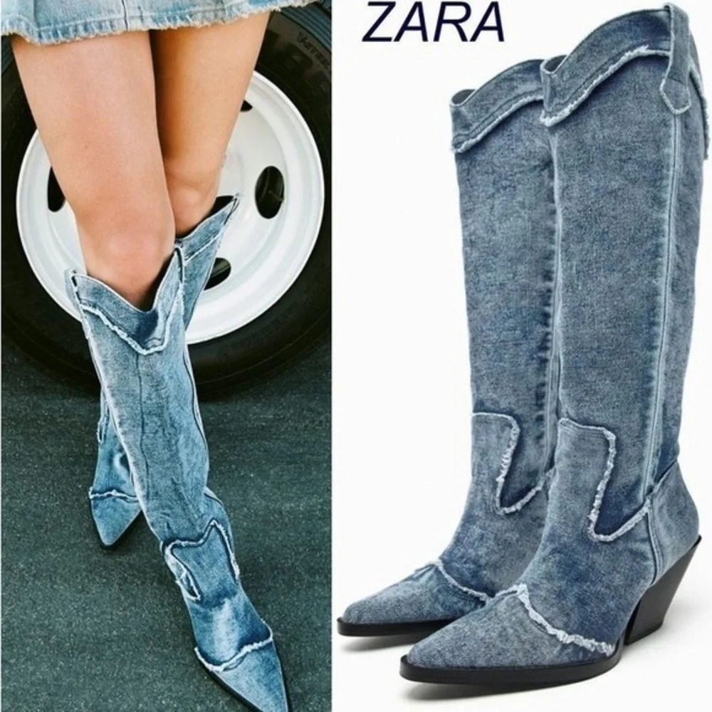 ZARA Denim Cowboy Boots 3051/210 - Picture 5 of 16
